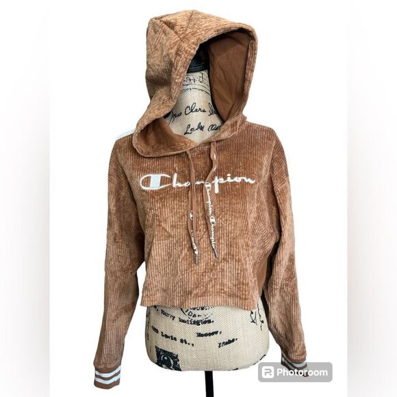 4/$25 Champion reverse weave velvet corduroy cropped hooded shirt  streetwear - Picture 2 of 12